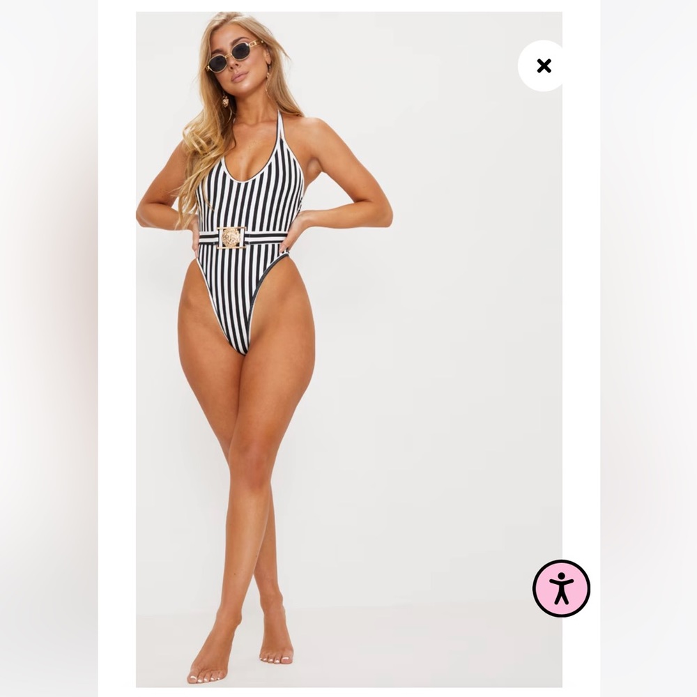 PrettyLittleThing Black Mono Stripe Lion Belted Swimsuit